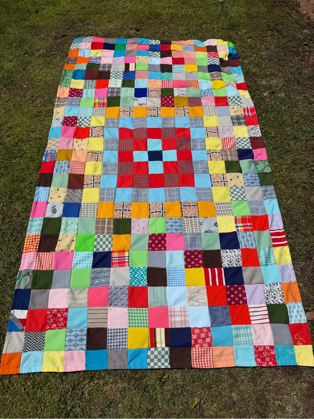 Vintage Double Knit Polyester Patchwork Scrap Quilt Bright Colorful Signed 46x81